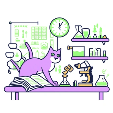 A curious cat with a tabby pattern is standing on a workbench in a Victorian scientific laboratory. The cat has bright green eyes and is peering into a glass beaker filled with a bubbling green liquid. Surrounding the cat are various scientific instruments, including a brass microscope and a set of glass vials. A large, open book with detailed diagrams lies beside the beaker. In the background, there are shelves filled with jars of herbs and a vintage clock with Roman numerals. The walls are adorned with parchment scrolls and intricate charts.