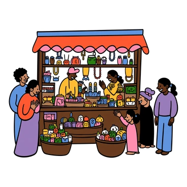 A bustling market stall filled with a variety of colorful trinkets and goods. The stall has a wooden structure with a vibrant canopy shaded in bright colors such as red, blue, and yellow. Various items are displayed, including beaded necklaces, painted ceramics, and small figurines, all neatly arranged on shelves. There are baskets overflowing with colorful fabrics and handmade crafts. People of different ethnicities are seen browsing the items, each with big eyes and cheerful expressions. The atmosphere is lively, with some customers engaged in conversation with the vendor, who has a friendly smile and wears a traditional outfit.