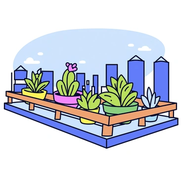 A rooftop garden in Beijing with various potted plants, including small flowering succulents and leafy green foliage. The garden features a low wooden railing surrounding it. In the background, the Beijing city skyline is visible with tall buildings and a clear blue sky. The sunlight casts gentle shadows across the garden, highlighting the vibrant colors of the plants.