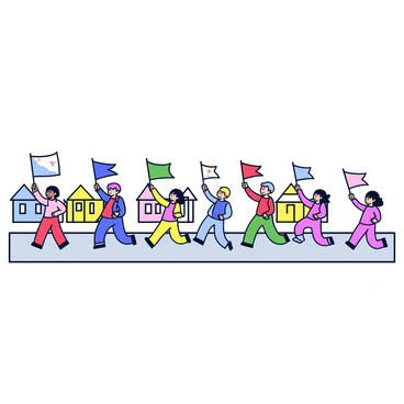 A line of colorful paper clips is marching down a straight street. Each paper clip is uniquely colored, such as red, blue, green, and yellow. They are holding tiny flags that flutter in the breeze, with various simple designs on them. The street has a light gray pavement beneath the paper clips, and there are small, stylized buildings in the background, adding a sense of community to the scene.