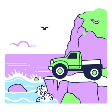 A black truck is parked at the edge of a dramatic coastal cliff. The truck is positioned on a rocky surface, with large wheels and a sturdy frame. Below, the ocean waves crash against the rocks, creating splashes of water. In the background, the horizon stretches across the scene, where the sky meets the sea. The cliff rises steeply, with patches of vegetation clinging to the rocky edges. A few seagulls can be seen flying in the distance. The sunlight casts shadows on the ground, highlighting the contours of the cliff.