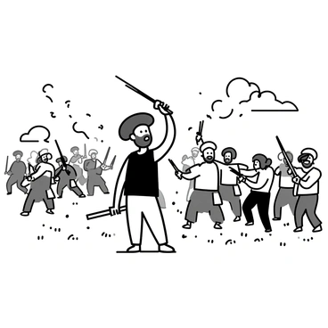 Gabbar Singh, a tall man with a fierce expression, is positioned at the forefront of the battle. He is wearing a dark vest and holding a weapon high in the air. Behind him, a group of men in rugged clothing stand ready, some holding swords and others brandishing firearms. They are arranged in a semi-circle, poised for action. In the distance, a rival group can be seen, equally prepared for confrontation, with their own weapons drawn. Dust and debris swirl around them, adding tension to the atmosphere. The sky above is cloudy, casting a dramatic light over the scene as both groups prepare to engage in combat.