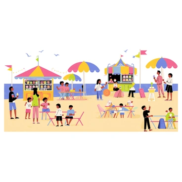 A lively seaside boardwalk bustling with activity. Colorful stalls line the walkway, each displaying a variety of ice creams in different flavors. People of all ages are gathered around, some holding ice cream cones and others playing carnival games. A group of children is laughing as they try to win stuffed animals from one of the game booths. Brightly colored beach umbrellas dot the area, providing shade for families sitting at nearby picnic tables. The ocean sparkles in the background under a clear blue sky, while seagulls fly above, adding to the vibrant atmosphere.