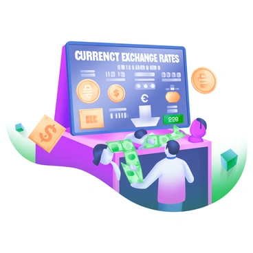 A currency exchange booth with a board displaying the words "Currency Exchange Rates" in large, clear letters. The board shows various currency symbols, including the dollar, euro, and yen, along with fluctuating numerical rates. Behind the booth, there is a friendly attendant ready to assist customers. The booth is surrounded by people interacting, some looking at the rates, while others are exchanging money. A digital display shows real-time updates of the rates, with flashing lights to indicate changes.