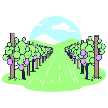 A vineyard is spread across a sunlit landscape, with rows of green grapevines extending towards the horizon. Interspersed among the vines are passion fruit vines, characterized by their distinct flowers and fruits. The ground is covered with lush green grass, and a wooden trellis supports some of the vines. In the background, rolling hills create a gentle slope, with a clear blue sky above. Sunlight casts soft shadows across the scene, highlighting the vibrant foliage and the fruits hanging from the vines.