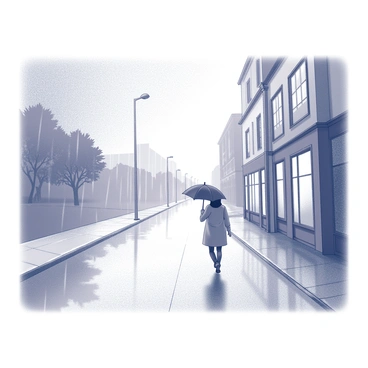 A street scene showing a gentle rain falling from a cloudy sky. The pavement is wet and reflects the surrounding structures, creating a shimmering effect. There is a lone pedestrian walking down the street, holding an umbrella over their head. The pedestrian is dressed in a light coat, with the umbrella slightly tilted to shield from the rain. The street is lined with buildings featuring large windows, and a few faint outlines of trees can be seen in the background.