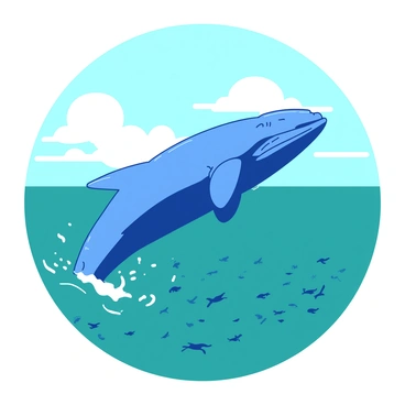A blue whale is breaching the surface of a deep teal ocean. Water splashes around it as the whale's massive body arcs gracefully into the air, showcasing its glistening skin under sunlight. Beneath the surface, schools of small fish swim, their shimmering forms slightly visible through the water. The sky above is clear with a few white clouds, enhancing the scene of this powerful marine moment.