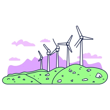 Rows of wind turbines are arranged in a straight line on a plateau. Each turbine stands tall with three blades that are angled to catch the wind. The turbines have sleek towers and are evenly spaced apart, creating a regular pattern across the landscape. In the background, there are rolling hills that rise gently, and the sky above is filled with clouds, suggesting a breezy atmosphere. The ground of the plateau is covered in sparse grass and small rocks, giving it a rugged texture.