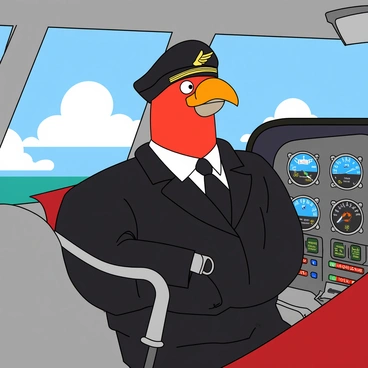 A cartoon turkey with vibrant red feathers and a bright orange beak is sitting in the cockpit of a small airplane. The turkey is wearing a classic pilot's uniform, complete with a black jacket, white shirt, and a shiny black tie. It has a matching pilot's cap perched on its head, adorned with a golden wing insignia. The cockpit is filled with colorful dials and buttons, and the turkey is enthusiastically gripping the steering yoke. Outside the cockpit window, a clear blue sky is visible, dotted with fluffy white clouds.
