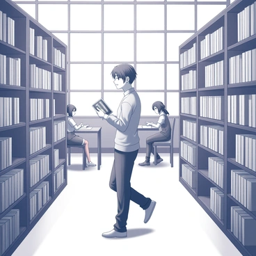 Ayanokoji is standing in an expansive library, surrounded by tall bookshelves filled with books. He is dressed in a casual yet neat outfit, with his hair styled in a way that reflects his personality. He is holding a book in one hand, while the other hand is gently brushing along the spines of the books as he walks. The library has large windows allowing soft, diffused light to illuminate the space, creating a peaceful atmosphere. There are wooden tables and chairs scattered around, providing areas for reading and studying. In the background, a few students are also quietly engaged in their own reading, adding to the serene environment.