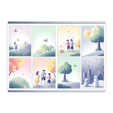 An illustration board featuring four sections, each representing a distinct season: Spring, Summer, Fall, and Winter. In the Spring section, there are blooming flowers and green grass, with a clear blue sky and butterflies fluttering around. The Summer section displays a bright sun, lush green trees, and children playing with a beach ball. In the Fall section, there are colorful leaves in shades of orange and yellow falling from trees, alongside pumpkins and a harvest scene. The Winter section includes snow-covered landscapes, bare trees, and children building a snowman, with a soft snowfall in the background. Each section is clearly defined and transitions smoothly into the next, showcasing the unique elements of each season.
