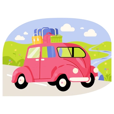 A bright red Beetle car with a shiny rounded body is parked on a narrow road. The car is overflowing with colorful luggage strapped to the roof, including a large blue suitcase, a small yellow backpack, and a green picnic basket. Lush green hills stretch out in the background, dotted with wildflowers in various colors. A clear blue sky overhead features fluffy white clouds drifting lazily. A winding river can be seen to the side, reflecting the sunlight as it glimmers. The scene captures a sense of adventure and excitement for the upcoming road trip.