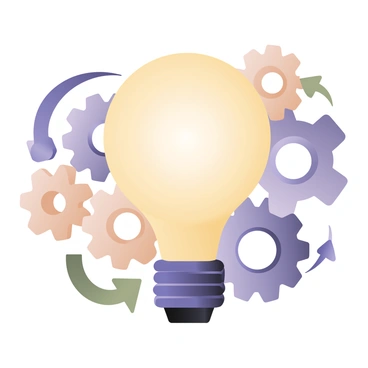 A digital flat illustration featuring a large, glowing "lightbulb" at the center, illuminating the scene. Surrounding the lightbulb are multiple "gears" in various sizes, colored in shades of gray and beige, interlocking and creating a sense of motion. "Arrows" in bright green and blue curve around the lightbulb and gears, indicating direction and flow. The background is a subtle gradient, enhancing the focus on the lightbulb and its surrounding elements.