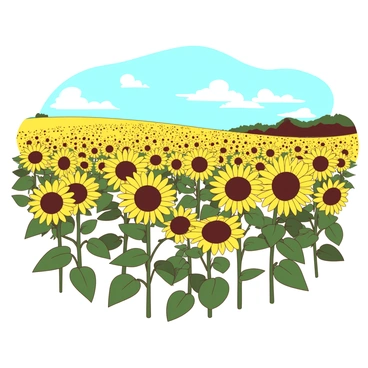 A yellow field of sunflowers stretching towards the horizon. Each sunflower stands tall with bright yellow petals surrounding a dark brown center. The sunflowers are swaying gently in a light breeze, creating a dynamic movement across the field. In the distance, a clear blue sky can be seen above the endless rows of flowers, enhancing the vibrant atmosphere of the scene.