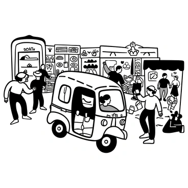 A decorated tuk-tuk with intricate patterns and vibrant ornaments is weaving through a busy marketplace. The tuk-tuk is surrounded by various market stalls featuring fruits, vegetables, and textiles. A couple is sitting in the back of the tuk-tuk, waving cheerfully. The scene is filled with people walking among the stalls, creating a lively atmosphere. The ground is bustling with various items for sale, adding to the energetic vibe of the marketplace.