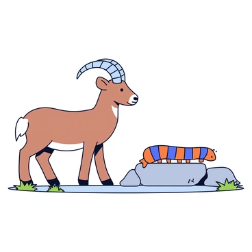 An ibex with curved horns is standing on a rocky surface, gazing curiously at a colorful caterpillar. The caterpillar is bright orange with blue stripes and is in the process of crawling on a nearby gray rock. The ibex's fur is light brown, and it has a focused expression on its face as it observes the movement of the caterpillar. The setting is a natural rocky terrain, with some patches of green grass in the background.