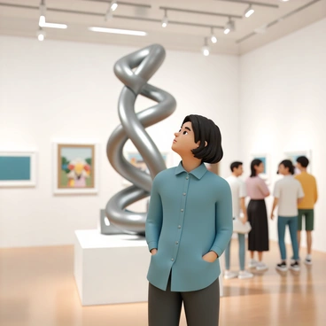 A person with medium-length black hair, wearing a blue button-up shirt and dark jeans, stands in an art exhibition. They have a thoughtful expression as they gaze up at a large-scale abstract sculpture, which features twisting metallic shapes and smooth curves. The exhibition space is filled with soft, ambient lighting, highlighting the intricate details of the sculpture. Other visitors can be seen in the background, engaging with various artworks. The person's body language reflects a mix of curiosity and contemplation as they take in the impressive piece.