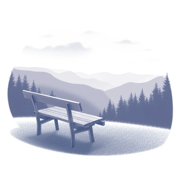 A wooden bench is positioned on a hillside, facing a wide valley below. The bench is simple in design, with smooth, polished surfaces and sturdy legs. In the foreground, the grass is lightly dew-kissed, glistening in the soft morning light. The valley stretches out, featuring rolling hills and dense clusters of trees, their shapes silhouetted against the horizon. Above, the sky is dotted with soft, wispy clouds that are beginning to catch the emerging light of the sun. The overall scene conveys a tranquil atmosphere, inviting viewers to imagine themselves enjoying the peaceful view.