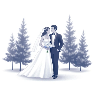 A bride and groom stand together in a snowy landscape. The bride is dressed in a flowing white wedding gown, adorned with delicate lace details. She holds a bouquet of white flowers. The groom is in a classic black suit, with a black bow tie and a white shirt, standing close to the bride. Surrounding them are tall pine trees, their branches heavy with fresh snow. Snowflakes gently fall from the sky, creating a soft, wintery atmosphere. The ground is blanketed in a thick layer of snow, glistening under the soft light.
