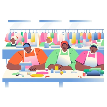 An assembly line in a fashion house is bustling with activity. Several workers with various skin tones are focused on their tasks, sewing and assembling garments. Each worker is wearing a white apron over their clothing, with some wearing colorful headscarves. On the table in front of them, there are colorful fabric swatches, spools of thread, and a variety of tools like scissors and measuring tapes. In the background, racks of newly finished garments are displayed, showcasing a mix of vibrant colors and styles, ready for the new collection launch. Bright overhead lights illuminate the scene, highlighting the details of the fabrics and the concentration of the workers.