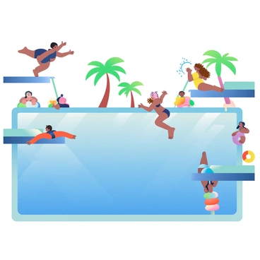 A large blue swimming pool is filled with clear water, reflecting the sunlight. Several individuals are diving into the pool from different diving boards. A man with dark hair is performing a graceful dive from the highest board, while a woman with curly brown hair is executing a perfect cannonball from a lower board, creating a splash. In the background, a young girl with braided hair is jumping excitedly from the edge, ready to dive in. The pool area is surrounded by bright green palm trees, and colorful pool floats are scattered around the edges. People are gathered on lounge chairs, watching the divers with smiles, representing a sense of community and enthusiasm for talent exploration.