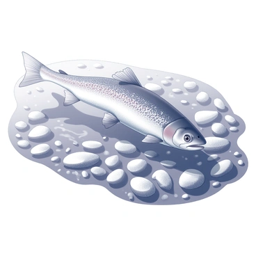 A trout is swimming gracefully above a bed of pebbles in a stream. The pebbles vary in shape and size, arranged closely together, forming a textured surface beneath the water. The trout has a sleek body and elegant fins, with a streamlined shape that allows it to move effortlessly through the water. The clear stream water showcases the vibrant pebbles beneath, creating an interesting visual pattern. Sunlight filters through the surface, casting gentle ripples and reflections, enhancing the clarity of the scene.