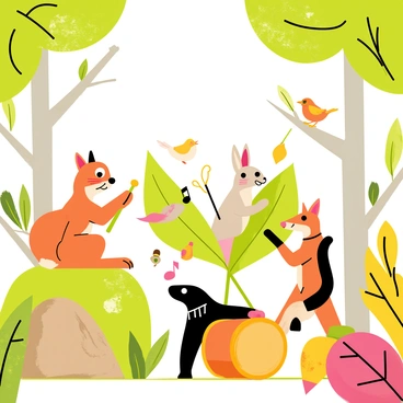 A vibrant forest scene filled with various animals engaging in music. A squirrel holds a small wooden flute made from a twig, playing joyfully on a mossy rock. A rabbit sits upright, strumming a leaf-shaped guitar crafted from large green leaves. Nearby, a fox plays a drum made from a hollow log, using acorns as drumsticks. Birds perch on branches, singing harmoniously, while a raccoon shakes a maraca made from a gourd filled with pebbles. Sunlight filters through the trees, illuminating the playful gathering of animals immersed in their musical performance.