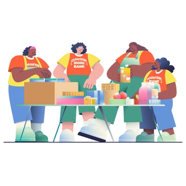 A group of women with diverse skin tones is working together at a community food bank. They are sorting various food items, including canned goods, boxes of pasta, and fresh fruits. Each woman is wearing a bright-colored t-shirt, representing their volunteer organization. One woman with curly hair is placing cans into a large cardboard box, while another woman with long braids carefully stacks boxes of dry goods on a nearby table. A third woman is filling bags with fresh produce, smiling as she interacts with her teammates. The atmosphere is bustling with energy and collaboration as they efficiently pack the goods for distribution.