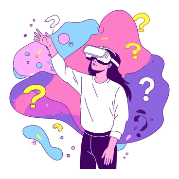 A person wearing white VR goggles is standing in a vibrant digital world filled with floating yellow question marks. The individual has a look of concentration on their face, as they reach out with one hand towards the glowing question marks that seem to float all around them. The background is a dynamic blend of shapes and colors, enhancing the immersive experience of the digital environment. The question marks vary in size, some larger and more prominent, while others are smaller and scattered throughout the scene, creating a sense of depth.