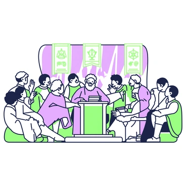A public forum is filled with an eager audience gathered around a debating platform. In the center, there is a wooden table with various books stacked on it. Aristotle, depicted as an elderly man with a beard, is animatedly gesturing as he speaks. Surrounding him are three other philosophers engaged in a lively discussion. One philosopher, wearing a robe, is raising a hand to make a point, while another leans forward, listening intently. The third philosopher is jotting down notes on a scroll. In the background, there are spectators with varied expressions, some nodding in agreement while others look skeptical. Banners are hanging from the sides of the forum, displaying symbols of knowledge and inquiry.