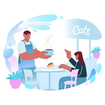 A café owner with an apron is serving a steaming cup of coffee to a customer sitting at a small table. The café has several colorful chairs and tables arranged outside, with vibrant potted plants adorning the area. Sunlight is filtering through a nearby tree, casting soft shadows on the ground. The café's sign is visible in the background, displaying the name of the establishment. The customer is holding a small pastry while looking at the cup being handed over.