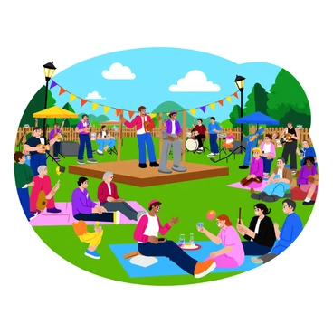 A lively community gathering in a town square filled with people of various ages. Colorful banners and decorations hang from street lamps and trees. In the center, a wooden stage is set up where a speaker stands at a microphone, gesturing passionately while addressing the crowd. Surrounding the stage, there are musicians playing instruments such as guitars and drums, creating an energetic atmosphere. Families are sitting on picnic blankets, chatting and enjoying refreshments from nearby food stalls. Children are seen playing with balloons and running around, adding to the cheerful ambiance. The sky above is bright and sunny, casting a warm glow over the entire scene.
