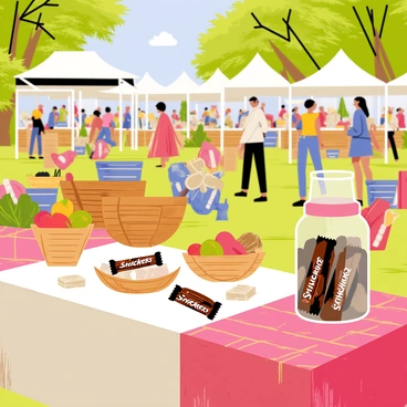 A stall at a farmers market featuring handmade goods and Snickers bars.