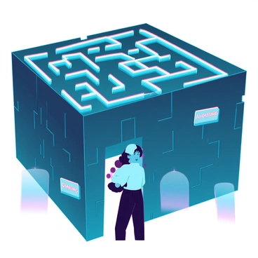 A person with medium skin tone and short black hair stands at the entrance of a complex maze. The maze has high walls made of dark stone, and the paths are marked with glowing labels. Each label displays different addictions, such as "Alcohol", "Drugs", "Gambling", and "Food". The person appears contemplative, with a slight furrow in their brow as they gaze into the intricate network of paths. Surrounding the maze is a faint mist, adding an air of mystery to the scene.