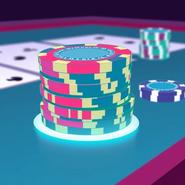 A stack of vibrant casino chips in various colors, including red, blue, green, and yellow, placed neatly on a polished poker table. The chips are arranged in a cylindrical formation, showcasing their distinct designs and values. The smooth surface of the poker table reflects the light, creating a slight sheen around the base of the stack. In the background, a blurred view of other poker items, such as playing cards and additional chips, adds depth to the image.