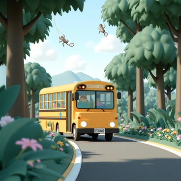 An electric school bus, painted in bright yellow, is driving along a narrow, winding road surrounded by tall green trees. The bus has large windows, allowing glimpses of the interior where colorful seats are visible. Sunlight filters through the dense canopy above, casting dappled light on the bus. Lush tropical plants and vibrant flowers line the roadside, adding splashes of color to the environment. In the background, distant mountains can be seen, partially obscured by mist, while a few playful monkeys swing from branch to branch overhead.