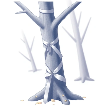 A tree stands tall with a rough, textured bark, its branches stretching outward. A ribbon is securely tied around the trunk, gracefully draping down. The ribbon features delicate folds and bends, creating a significant visual element that evokes a sense of remembrance. Surrounding the base of the tree, fallen leaves are scattered, adding to the solemn atmosphere. In the background, there are blurred shapes of other trees, creating a sense of depth and tranquility.