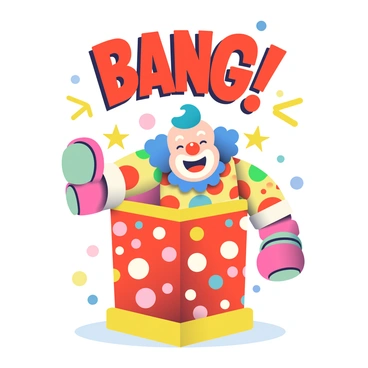 A colorful jack-in-the-box toy is prominently featured in the center of the image, with a vibrant red and yellow box decorated with playful patterns. The lid of the box is fully open, and a cheerful clown figure with bright blue hair and a wide smile is springing out. The clown is wearing a colorful outfit with polka dots and oversized shoes. Above the box, in bold, comic-style letters, the word "BANG!" is popping out, emphasizing the surprise element. The background is soft and filled with pastel colors that create a whimsical atmosphere.