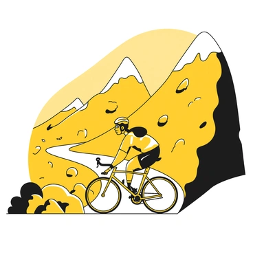 A cyclist pedaling up a steep mountain road, wearing a helmet and a yellow cycling jersey. The cyclist is focused and exerting effort, with one leg extended down on the pedal. In the background, there are tall, rugged mountains with sharp peaks and a clear sky. The road curves and winds upward, lined with patches of green grass and small rocks. The scene conveys a sense of adventure and challenge.