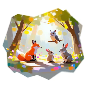A vibrant forest setting filled with lush green trees and colorful flowers serves as the backdrop. Various animals from a storybook are brought to life, including a playful fox with a bushy tail, a wise owl perched on a low branch, and a friendly rabbit hopping through the underbrush. Sunlight filters through the leaves, casting dappled shadows on the forest floor. The animals interact with each other, with the fox and rabbit playing nearby while the owl observes from above. "A magical tale unfolds in this enchanting woodland."