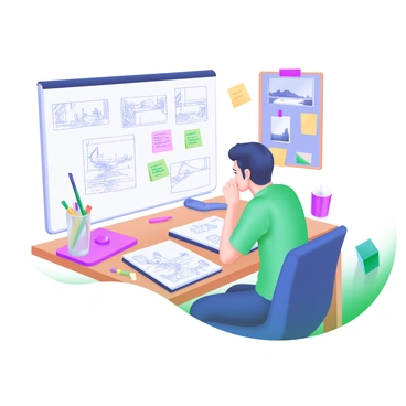 An illustrator sits at a wooden table, surrounded by various tools and materials. They are focused on a series of thumbnail sketches, each one featuring different scenes and perspectives. Nearby, colorful post-it notes with handwritten reminders and notes are scattered, providing context for each sketch. A sketchbook lies open, displaying detailed drawings in pencil, and a cup filled with pens and markers sits within reach. The illustrator is deep in thought, occasionally glancing up to an inspiring mood board pinned on the wall, which includes images and color swatches. The entire scene emphasizes a creative workspace dedicated to storytelling through visuals.