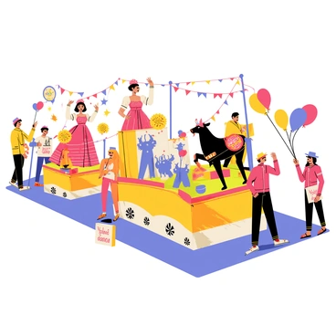 A vibrant festival parade featuring colorful floats inspired by scenes from the "Carmen" opera. Each float showcases intricate designs, with one float depicting "Carmen" in a flowing red dress, surrounded by dancers in traditional Spanish attire. Another float displays a dramatic scene of a bullfighter in a striking outfit, with stylized bull silhouettes in the background. The streets are lined with enthusiastic spectators, some holding "Carmen" themed banners and others wearing festive hats. Brightly colored balloons and streamers decorate the scene, adding to the celebratory atmosphere.