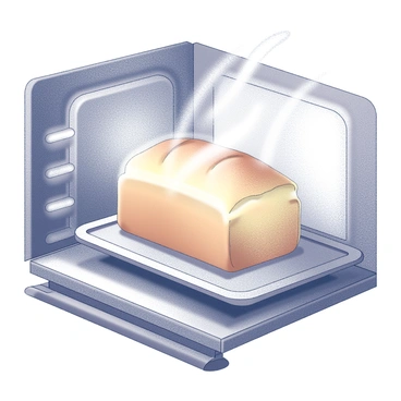 A loaf of bread positioned on a baking tray inside an oven. The bread has a golden crust with a slight sheen, indicating it is baking thoroughly. Heat convection currents are visibly swirling around the loaf, creating ripples in the air inside the oven chamber. The oven's interior features a textured metal lining that reflects the heat, and the light from the oven illuminates the bread, emphasizing its developing crust. The oven door is slightly ajar, allowing a glimpse into the warm environment.