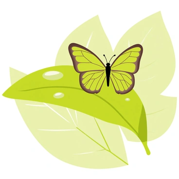 A butterfly with vibrant green and brown patterns resting on a leaf that matches its color and texture. The wings of the butterfly are open slightly, revealing their detailed design, which mimics the leaf's veins and surface. The leaf is a large, broad green one, with a few droplets of water on its surface, reflecting light. The background features soft, blurred greenery, emphasizing the butterfly's excellent camouflage in its natural environment.