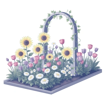 A garden filled with a variety of flowers in full bloom. The scene includes a mix of tall sunflowers and delicate daisies, interspersed with clusters of vibrant roses and tulips. The flowers are arranged in neat rows, creating a harmonious and organized appearance. In the foreground, there are lush green leaves framing the colorful blooms. The background features a gently arched wooden trellis covered in climbing vines, adding depth to the garden setting.