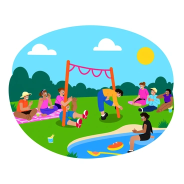 A group of children at a summer camp are gathered around a limbo contest near a sparkling blue lake. The kids are smiling and cheering as one child bends backward to pass under a brightly colored limbo pole decorated with streamers. The sun is shining brightly in a clear blue sky, casting playful shadows on the grass. Nearby, some kids are sitting on a picnic blanket, enjoying snacks and drinks, while others are splashing in the water, adding to the lively atmosphere of summer fun.