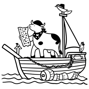A pirate cow standing on the deck of a ship, wearing a classic pirate hat and a striped bandana around its neck. The cow is holding a weathered treasure map in one hoof, with its tail swaying. The ship's wooden deck is lined with barrels and ropes, and the sails are billowing in the wind. In the background, there is an open sea with waves gently crashing against the hull of the ship. A parrot is perched on the ship's railing, adding to the adventurous scene.