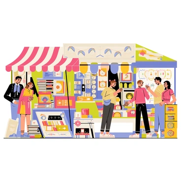 A bustling vintage market scene filled with various stalls. Each stall is laden with colorful items, including ornate antiques, vintage clothing, and unique trinkets. Shoppers of diverse ages are browsing through the stalls, examining old treasures with interest. A striped canopy covers one stall where a vendor is enthusiastically showcasing a collection of vintage clocks. Nearby, another stall displays an assortment of old books stacked high, while a third stall features handmade jewelry glimmering in the sunlight. The atmosphere is lively, with people chatting and the sounds of laughter filling the air.