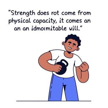 A wall displays the quote "Strength does not come from physical capacity. It comes from an indomitable will." The text is in bold, black lettering. In front of the wall, a person is performing a kettlebell deadlift, gripping a heavy kettlebell with both hands. The person is focused, with a determined expression on their face. They are wearing a fitted athletic outfit, and sweat glistens on their brow as they lift the kettlebell towards their waist.