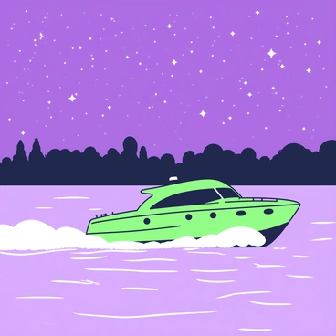 A motor boat is gliding smoothly across the water. The boat has a sleek design, featuring glowing lights around its edges that illuminate the surroundings. Above, a vast starry night sky is filled with countless stars shining brightly. In the background, silhouettes of distant trees can be seen along the shoreline. The water reflects the shimmering lights of the boat and the stars above, creating a tranquil scene.